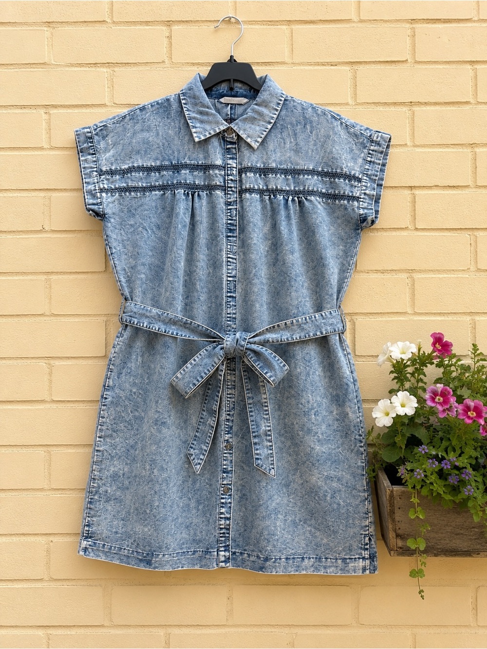 Light Blue Acid-Wash Midi Shirt Dress with Waist Tie